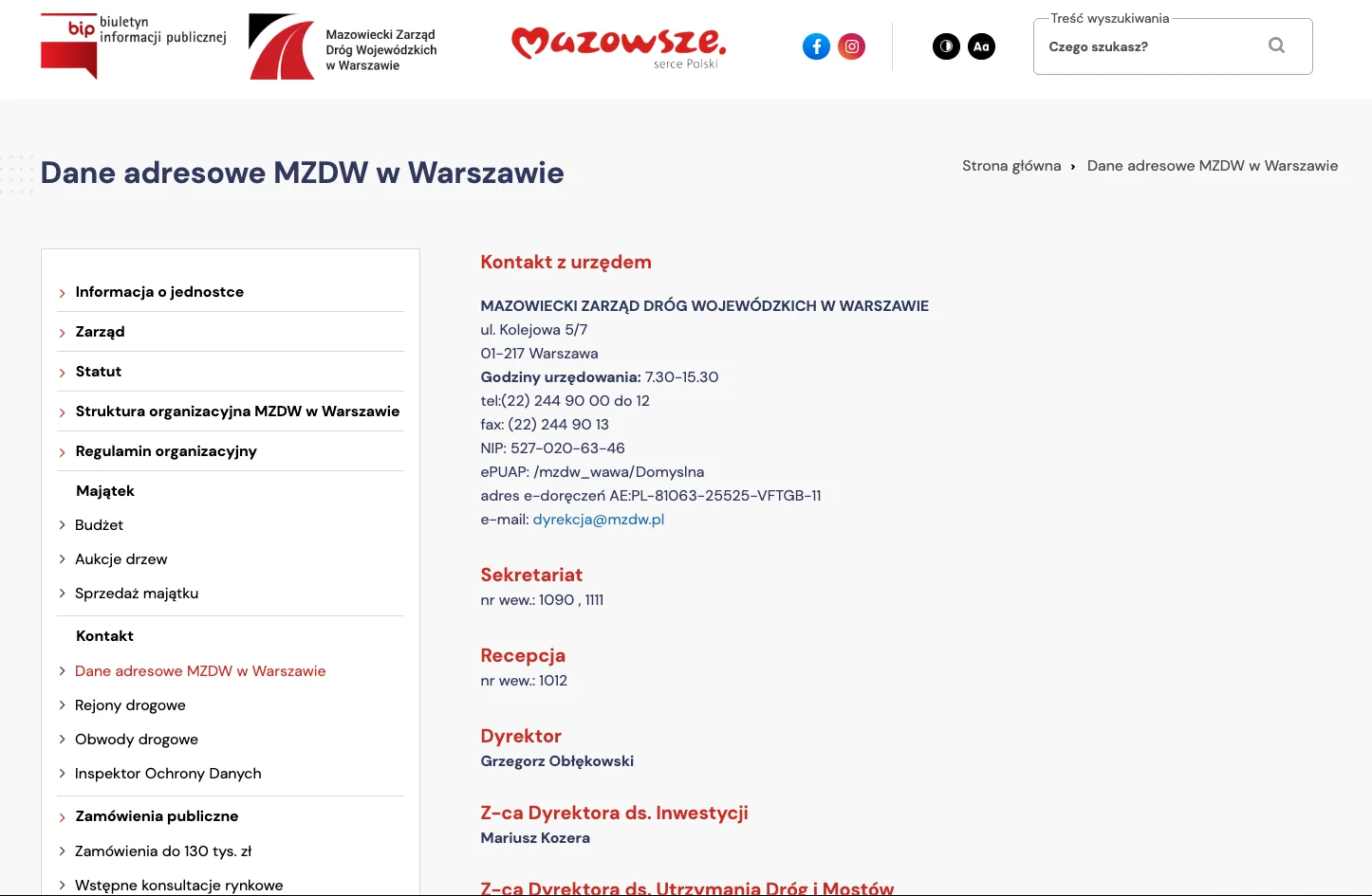 Strona główna Mazowieckiego Zarządu Dróg Wojewódzkich