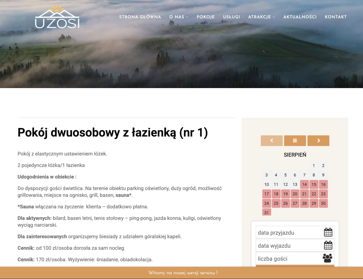 Widok rezerwacji pokoju w kompleksie Pyzówka